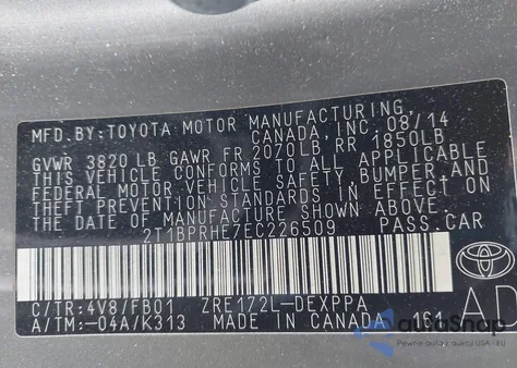 2014 Toyota Corolla Le Eco Plus из США, поврежденный, VIN 2T1BPRHE7EC226509